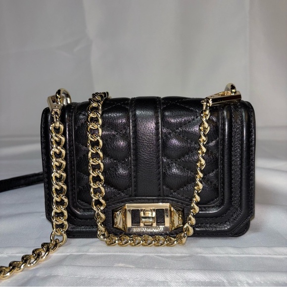 REBECCA MINKOFF Blk Quilted Mini Love Leather Crossbody Shoulder Bag Gold Chain - Picture 1 of 11